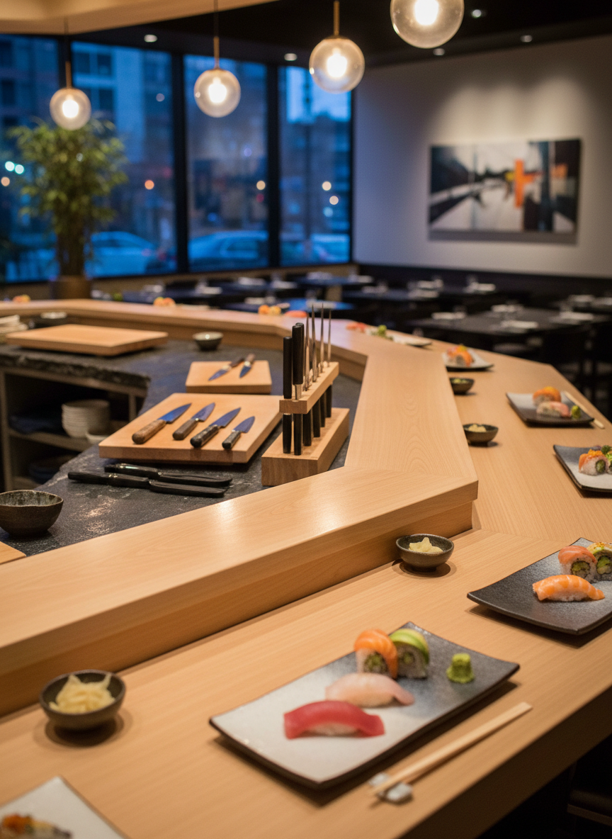 A long, elegant sushi bar crafted from pale, finely grained wood, its surface immaculate and subtly reflective, stretches through a contemporary Japanese restaurant interior in Texas. Minimalist ceramic plates cradle precise nigiri and colorful maki, with glistening fish and perfectly shaped rice. Behind the bar, an array of traditional Japanese knives and lacquered wooden boards rest neatly on a dark stone counter, suggesting expert preparation. Warm pendant lighting casts a soft golden glow, creating gentle highlights on the fish and wood while leaving the background in a tasteful blur. Photographic realism, eye-level composition, and a shallow depth of field convey a professional, welcoming atmosphere that bridges refined Japanese aesthetics with a modern American dining environment.