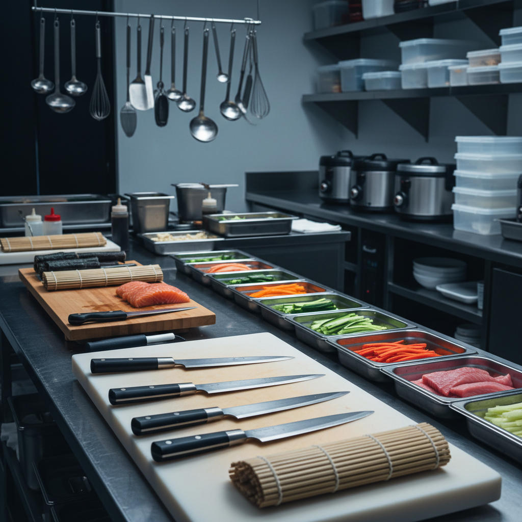 A stainless-steel professional sushi workstation viewed from a slightly elevated angle, set up for recruitment visuals. On the clean counter sit razor-sharp Japanese knives with polished blades, a water-soaked bamboo cutting board, neatly rolled bamboo sushi mats, and trays of perfectly julienned vegetables and glistening fish fillets. In the background, an organized array of hanging utensils, rice cookers, and storage containers hints at a high-standard kitchen in a Texas Japanese restaurant. Cool, bright overhead lighting emphasizes cleanliness and precision, casting crisp shadows and subtle reflections on metal surfaces. Photographic realism, balanced composition with sharp focus, conveying an efficient, professional workspace that suggests opportunity for skilled sushi chefs without showing any human figures.