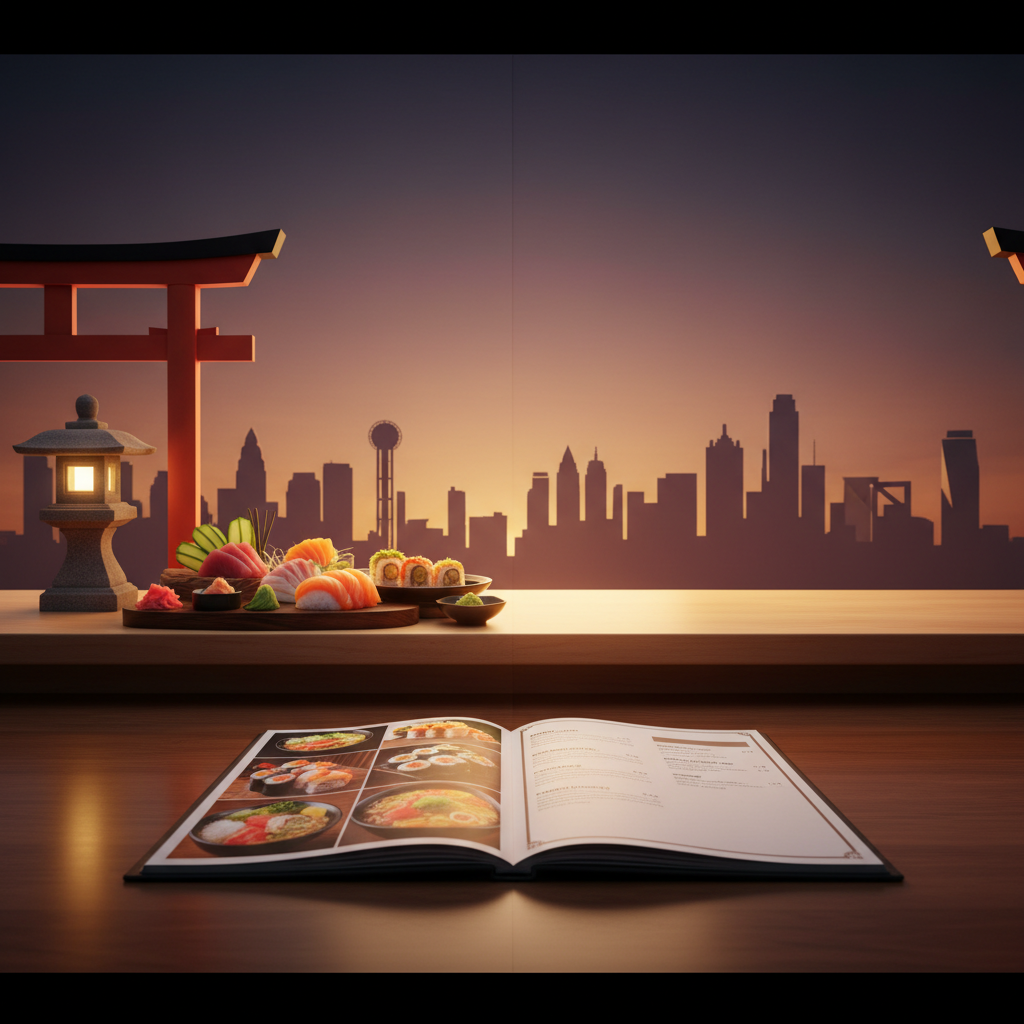 A split-environment concept image showing a seamless cultural bridge between Japan and Texas, portrayed without people. On the left, a traditional Japanese street lantern and a small torii-inspired wooden frame stand beside a display of sushi ingredients on a wooden counter. On the right, a stylized Texas skyline silhouette with recognizable skyscraper shapes hints at Dallas, Houston, and Austin against a subtly glowing evening sky. In the center foreground, a polished wooden table holds an open menu featuring close-up photos of sushi, ramen, and donburi, though the page text is not legible. Gentle, warm lighting ties both sides together, with photographic realism and a wide, cinematic composition that feels aspirational, modern, and culturally connected.