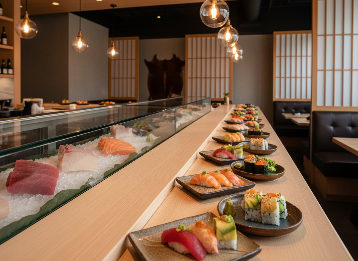 A long, elegant sushi bar of pale blond wood stretches through a contemporary Japanese restaurant interior, with precisely arranged ceramic plates displaying colorful nigiri and delicate maki rolls. Behind the bar, a spotless glass-fronted refrigerated display showcases gleaming cuts of tuna, salmon, and seasonal fish on crushed ice. Warm pendant lights cast a soft golden glow across the counter, reflecting subtly in the polished surface. In the background, slightly out of focus, minimalist decor combines Texas touches like dark leather seating with Japanese shoji-inspired wall panels. Photographic realism, eye-level composition, inviting and professional mood, with shallow depth of field that keeps the sushi bar in crisp focus and the dining area gently blurred.