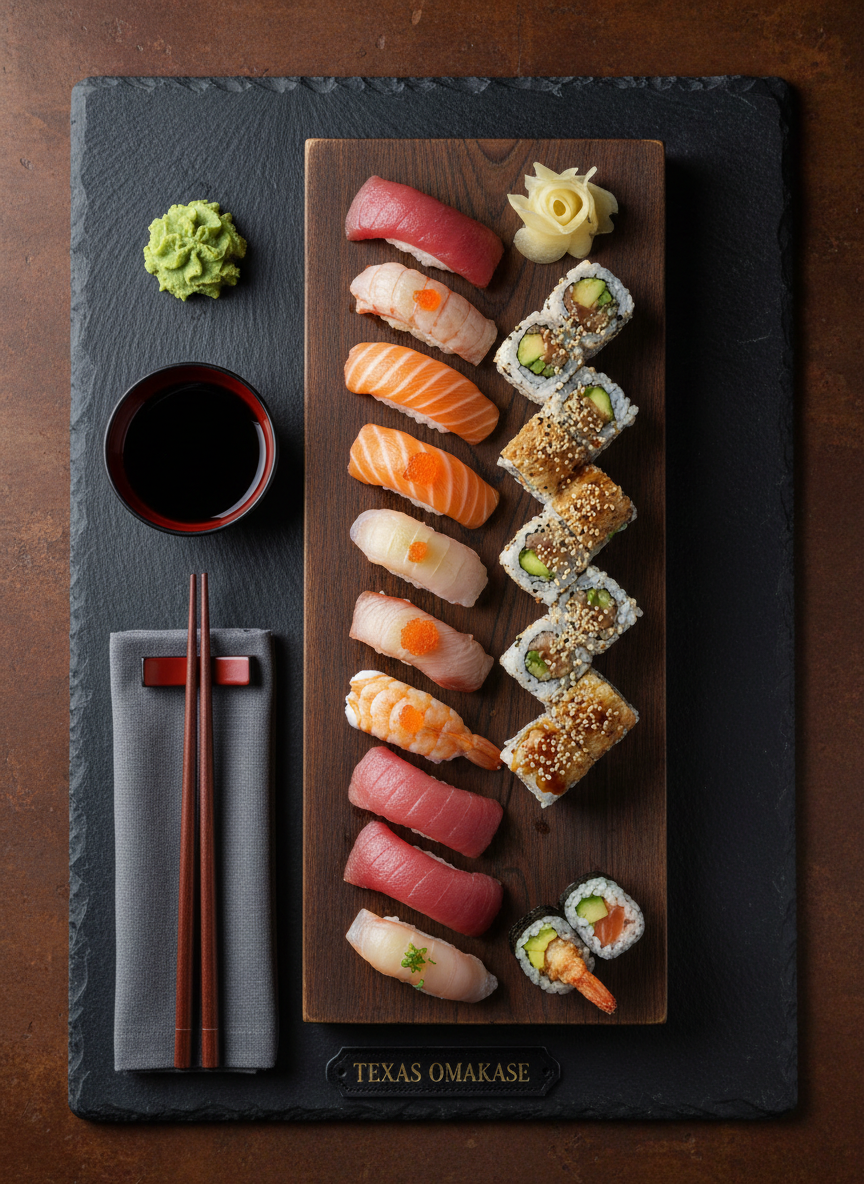 An overhead view of a meticulously arranged omakase-style sushi platter on a dark slate tabletop, featuring shimmering slices of toro, salmon, and yellowtail nigiri, artfully rolled maki, and a small mound of freshly grated wasabi. Beside the platter rests a lacquered soy sauce dish and a pair of smooth, dark wooden chopsticks parallel to a folded linen napkin. Soft, diffused studio lighting from above creates subtle highlights on the fish and gentle shadows along the slate’s texture. The mood is refined and luxurious, evoking premium Japanese dining in Texas. Photographic realism, crisp focus across the entire frame, with the composition centered and balanced to function as a sophisticated menu preview image.