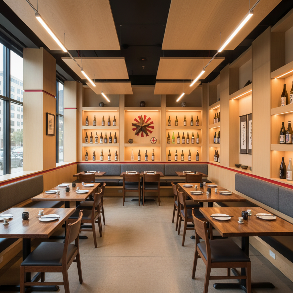 A wide interior shot of a modern Japanese restaurant in Texas, with clean lines and a harmonious blend of natural wood, muted gray tones, and discrete red accents. Low wooden tables with dark upholstered seating are neatly set with white porcelain plates and minimalist chopstick rests. Along the back wall, illuminated shelving displays ceramic sake bottles and subtle cultural artifacts symbolizing Japan–USA connection, such as a small abstract sculpture combining a star and a rising sun motif. Warm ambient lighting from recessed ceiling fixtures creates a calm, welcoming glow. Photographic realism, eye-level perspective, sharp focus throughout, conveying a professional yet inviting atmosphere suitable for families, business diners, and cultural gatherings.